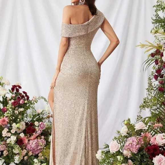 Apricot Preppy Womens Asymmetrical Neck Ruched Wrap Hem Sequin Prom Dress - Picture 2 of 5